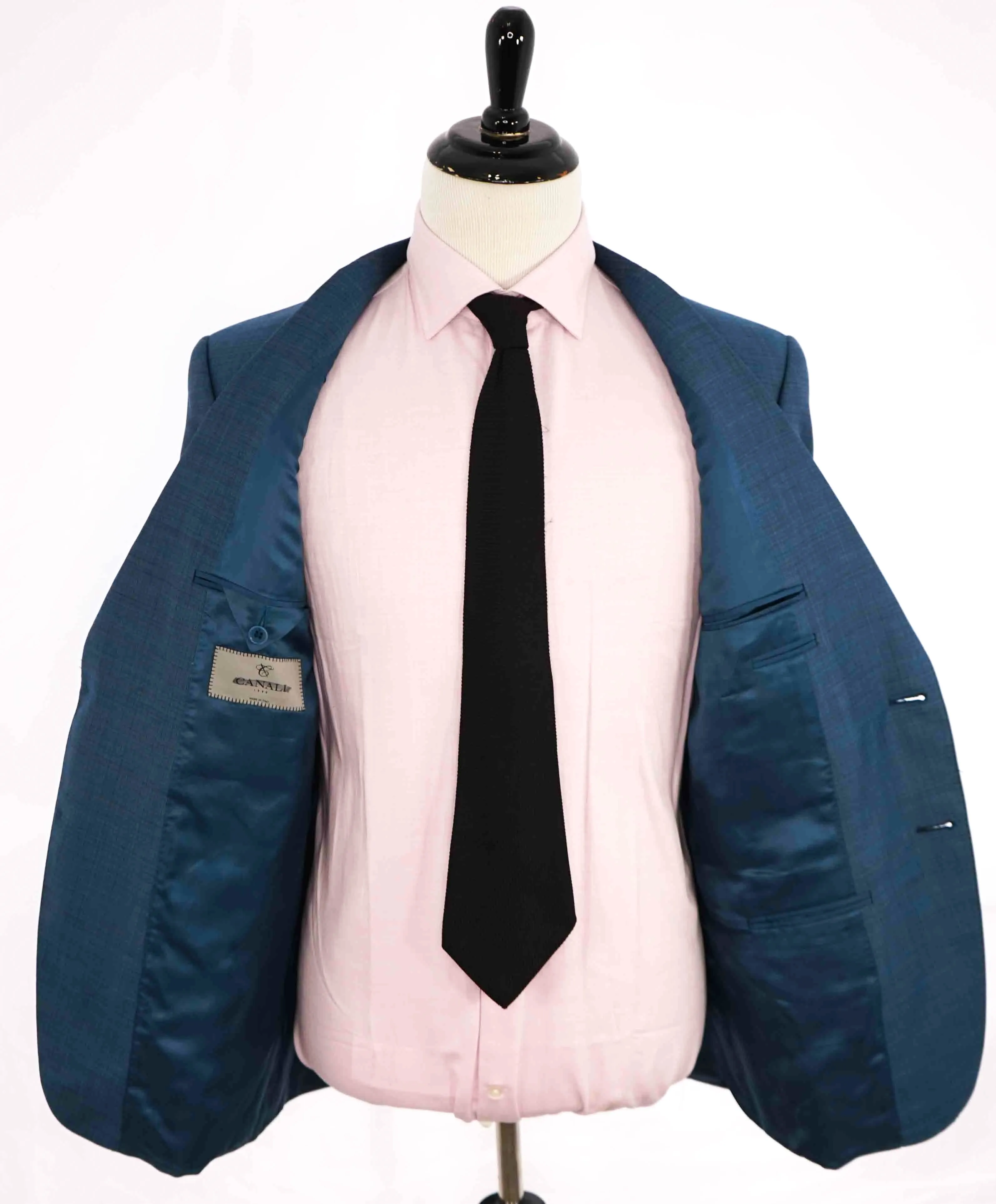 $1,895 CANALI - Teal Blue Abstract Check Wool Blazer - 44R