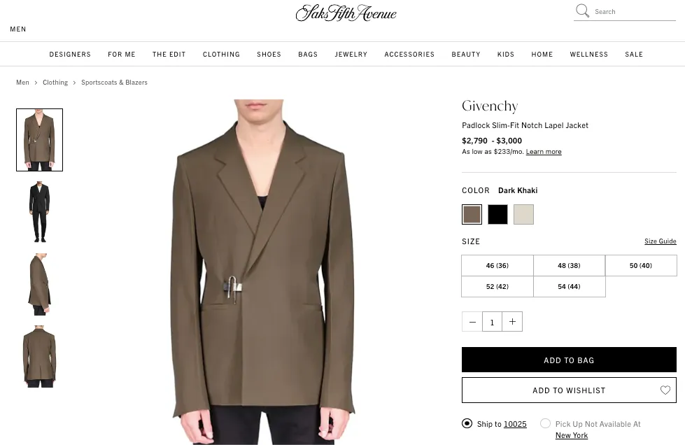 $3,000 GIVENCHY - French LOVE LOCK Padlock Slim-Fit Notch Lapel Jacket - 44R
