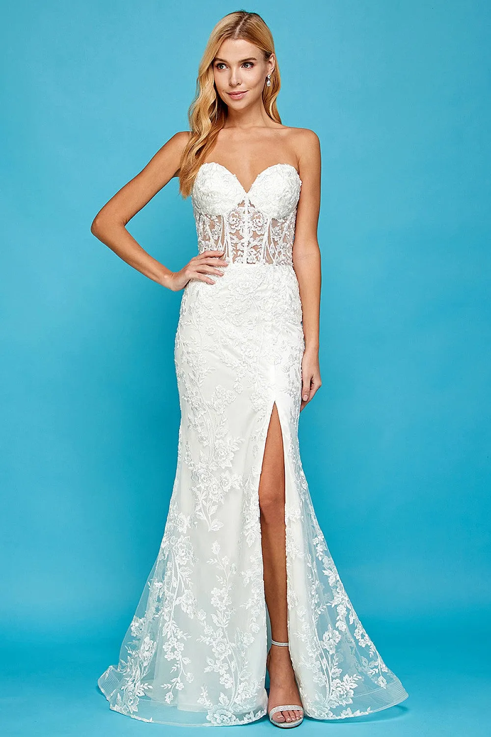 AD 3025 - Beaded Lace Embellished Strapless Fit & Flare Prom Gown With Sheer Corset Bodice Leg Slit & Open Lace Up Back