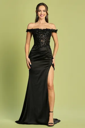 AD 3132 - 3D Floral Beads & Lace Embellished Stretch Satin Off the Shoulder Fit & Flare Prom Gown with Sheer Corset Bodice & Leg Slit