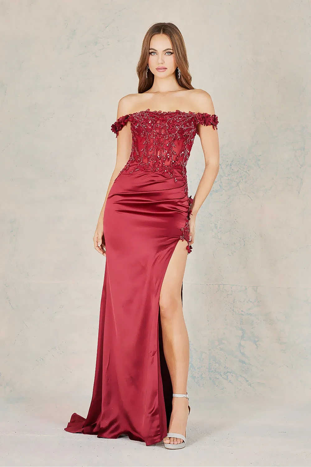 AD 3132 - 3D Floral Beads & Lace Embellished Stretch Satin Off the Shoulder Fit & Flare Prom Gown with Sheer Corset Bodice & Leg Slit