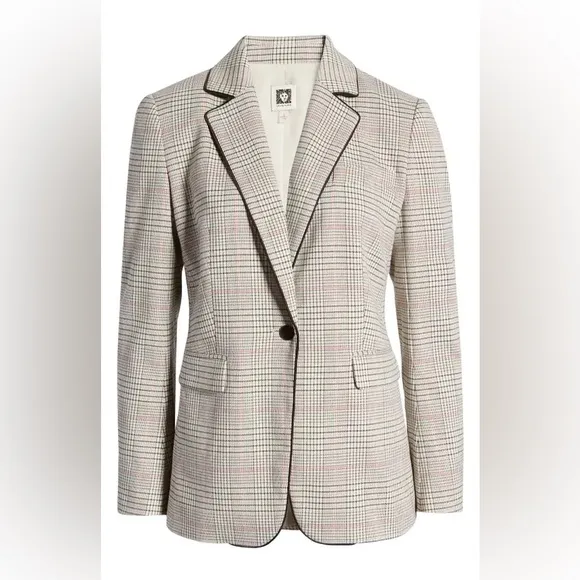 Anne Klein One Button Preppy Glen Plaid Blazer Pink Single Breasted