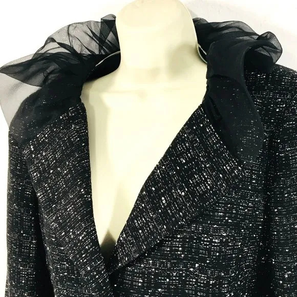 Anne Klein Women’s Black Tweed Blazer Sz 10 Ruffle Lapel Collar 3 Button