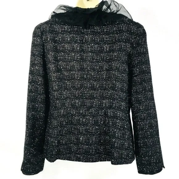Anne Klein Women’s Black Tweed Blazer Sz 10 Ruffle Lapel Collar 3 Button