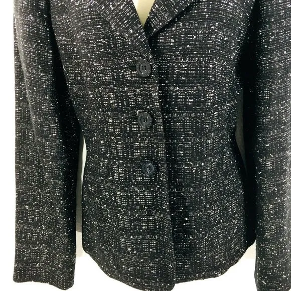 Anne Klein Women’s Black Tweed Blazer Sz 10 Ruffle Lapel Collar 3 Button