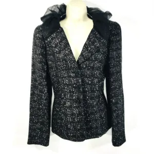 Anne Klein Women’s Black Tweed Blazer Sz 10 Ruffle Lapel Collar 3 Button