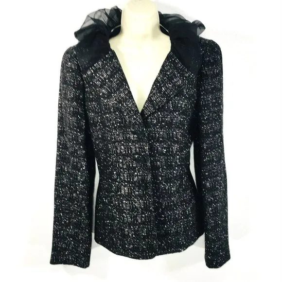 Anne Klein Women’s Black Tweed Blazer Sz 10 Ruffle Lapel Collar 3 Button