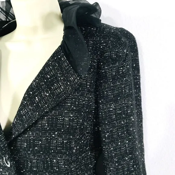 Anne Klein Women’s Black Tweed Blazer Sz 10 Ruffle Lapel Collar 3 Button