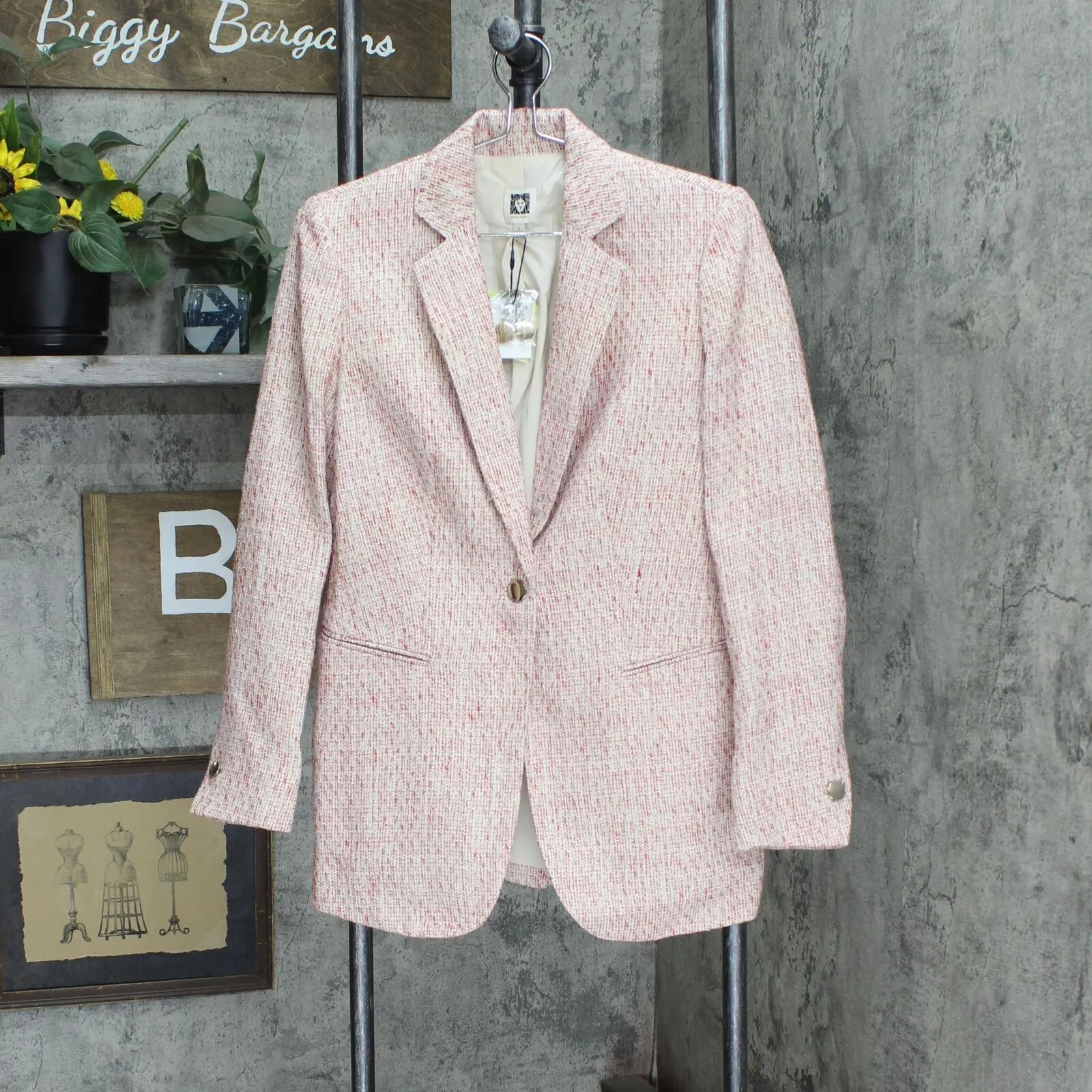 Anne Klein Womens Tweed One Button Notch Collar Jacket Coral Combo Red Pink 4