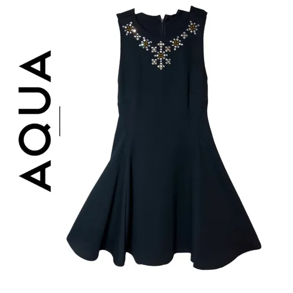 Aqua /Bloomingdale’s Black Jeweled Sleeveless Fit and Flare Dress Size SL