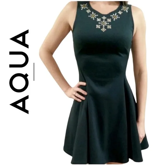 Aqua /Bloomingdale’s Black Jeweled Sleeveless Fit and Flare Dress Size SL
