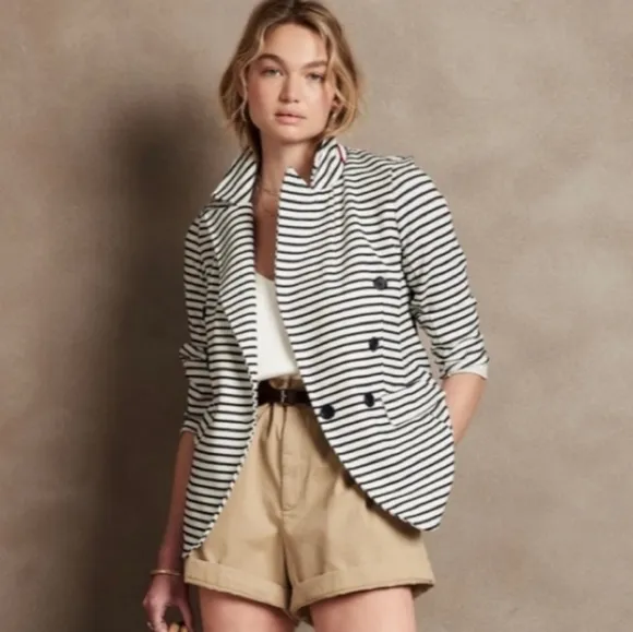 Banana Republic Pique Knit Striped Double Breasted Preppy Blazer Jacket Size XL