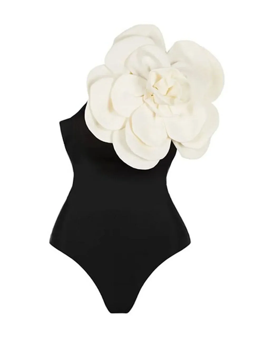 Black One Shoulder Rose Swimsuit With Bathing Suit Warp Skirt