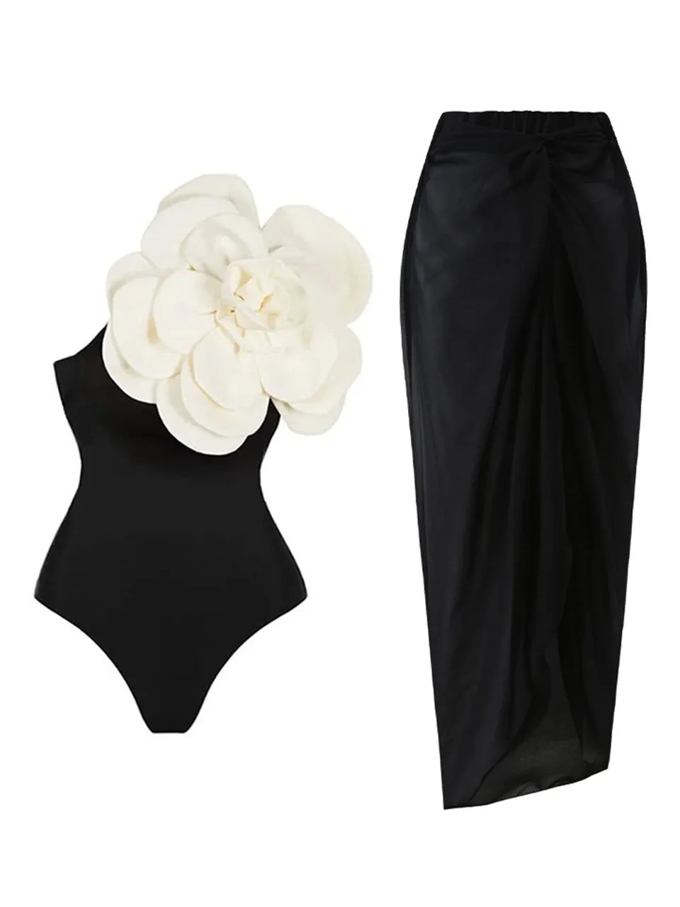 Black One Shoulder Rose Swimsuit With Bathing Suit Warp Skirt