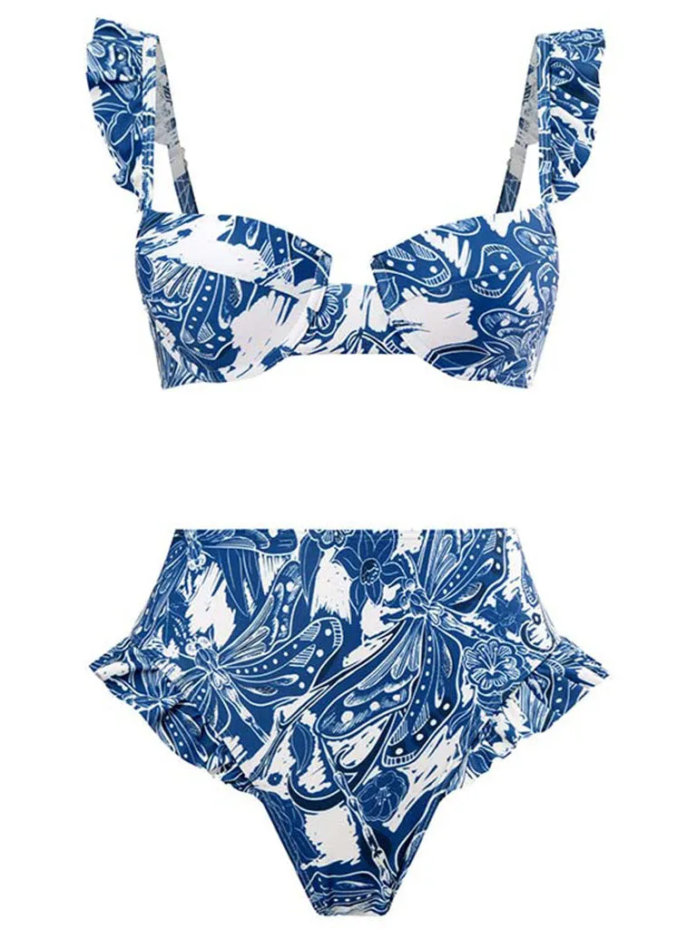 Blue Floral Print Retro Style Strap Bikini Two Piece With Bathing Suit Swing Skirt
