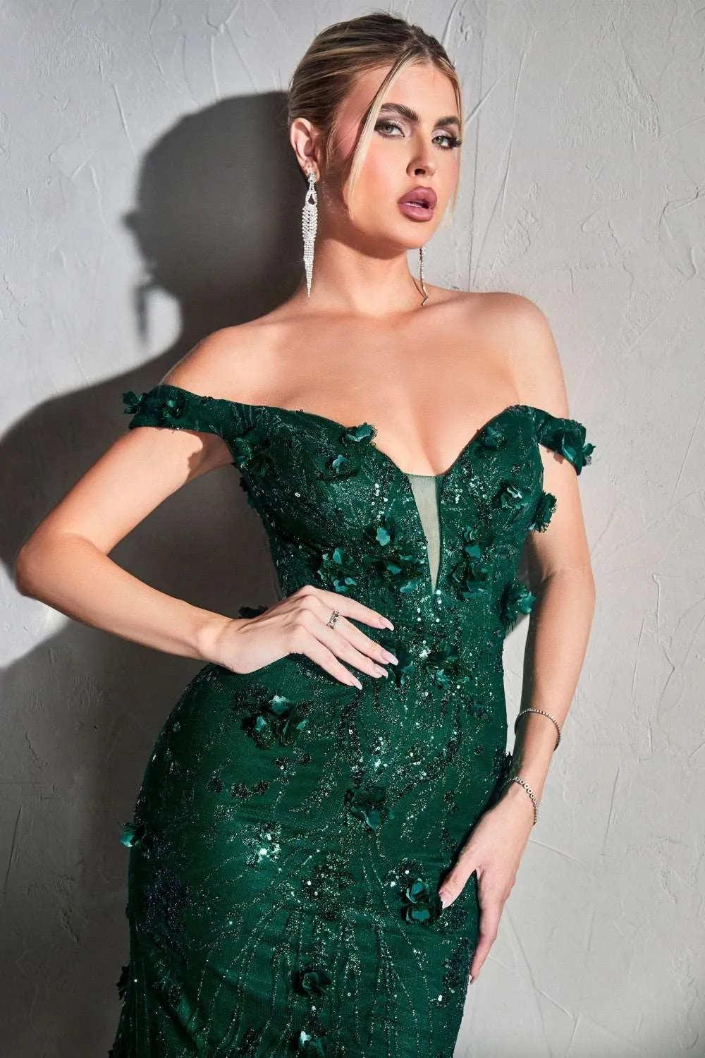 CD CB096 - Off the Shoulder Glitter Print Fit & Flare Prom Gown with 3D Floral Embellishments
