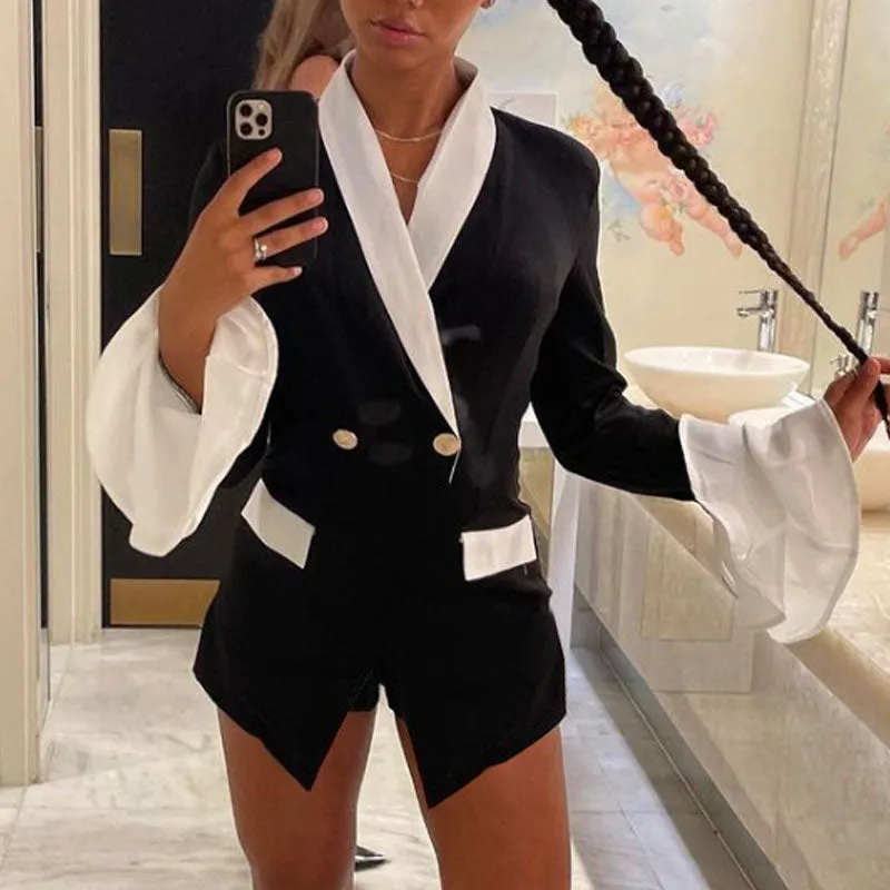 Colorblock Double Breasted Flared Sleeve Blazer Coat