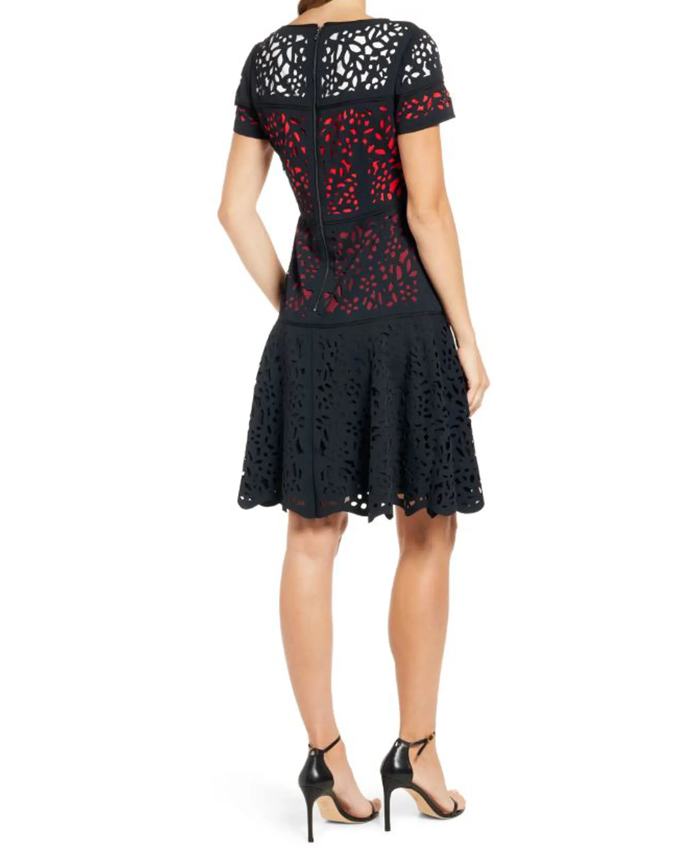 Colorblock Laser Cut Fit & Flare in Red