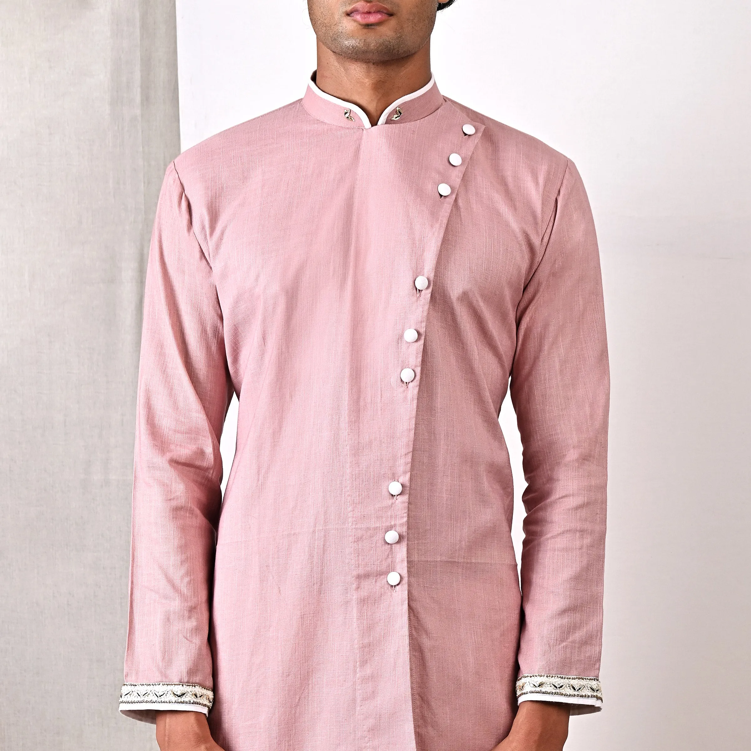 Colton- Mauve Hand Embroidery Asymmetric Kurta with Off-White Pant Set