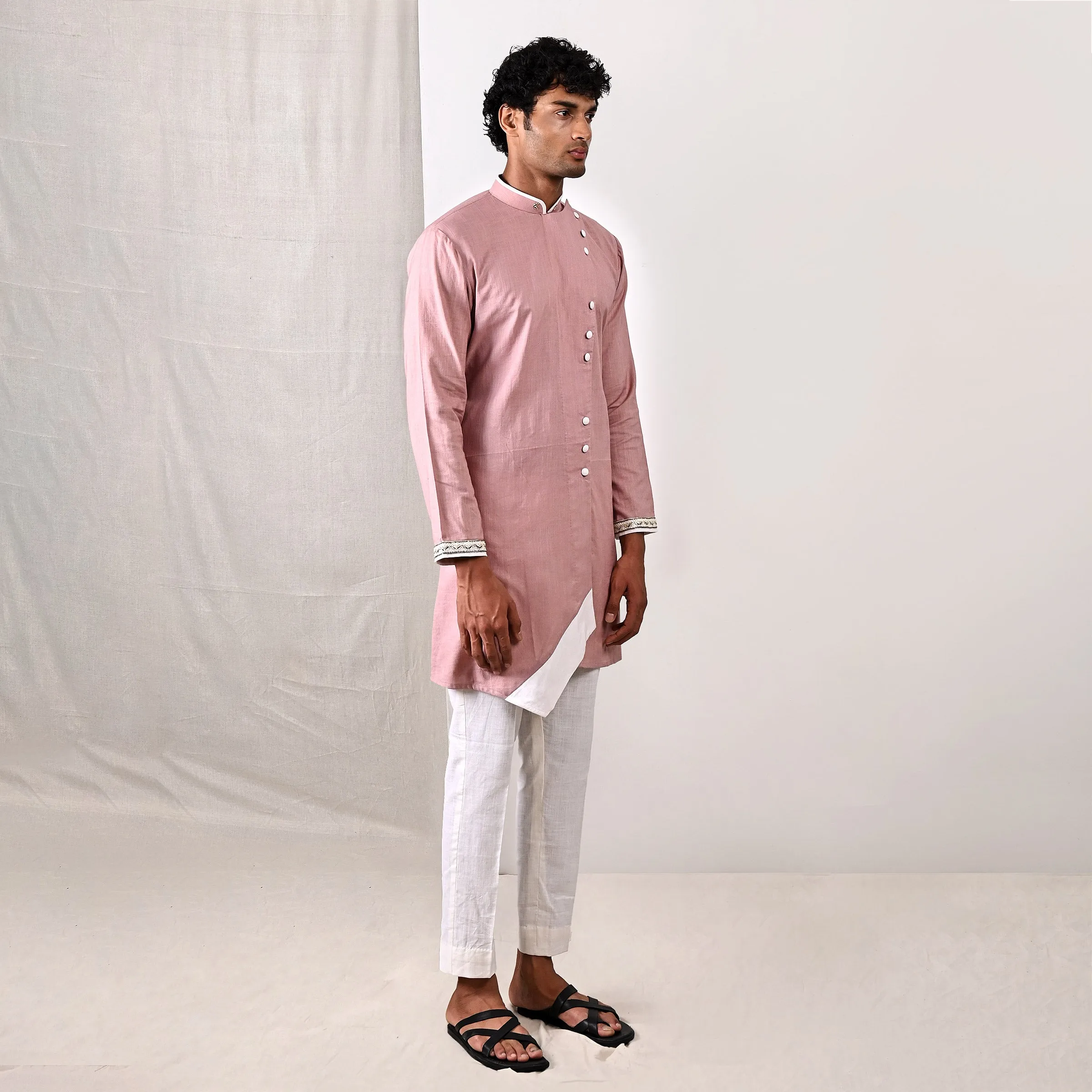Colton- Mauve Hand Embroidery Asymmetric Kurta with Off-White Pant Set