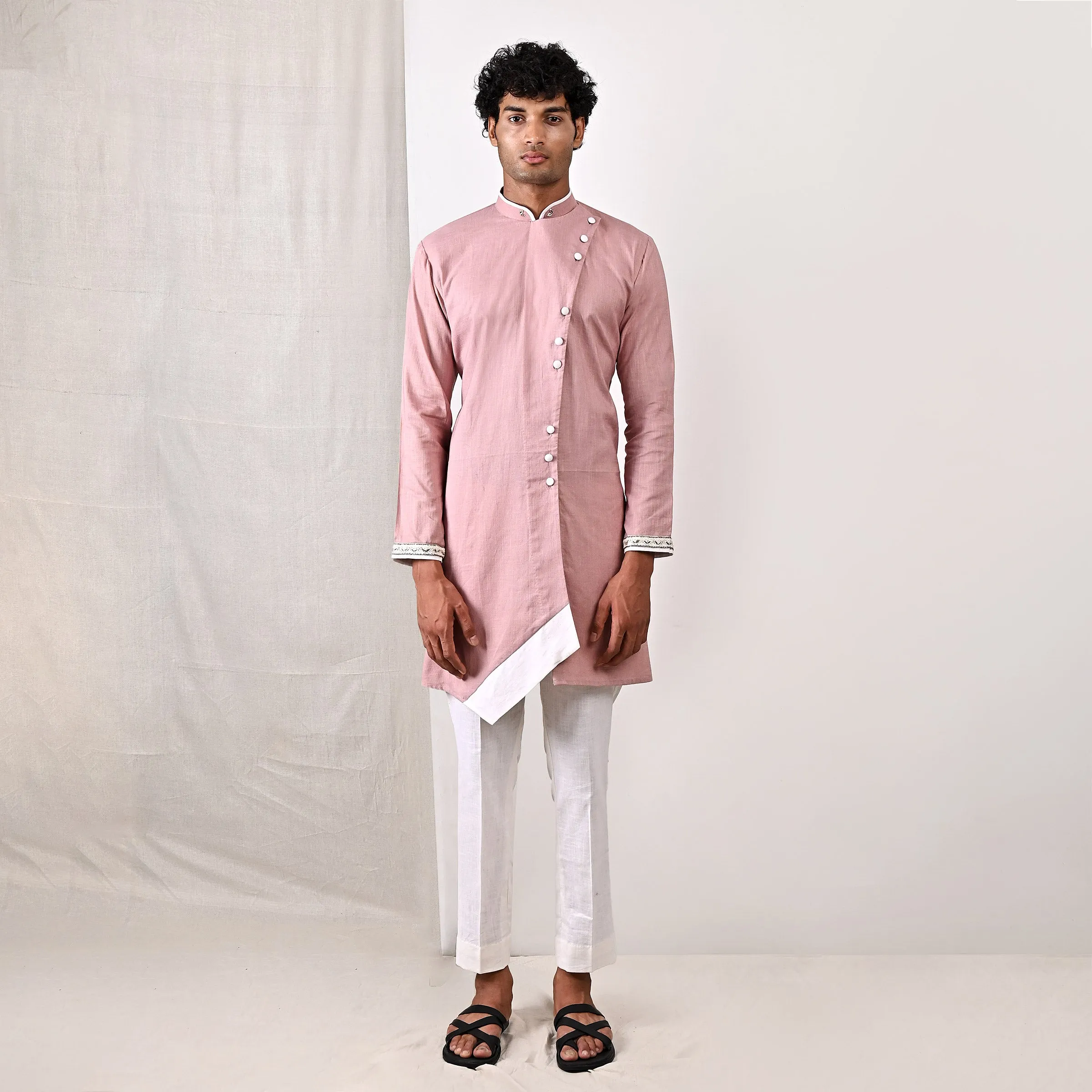 Colton- Mauve Hand Embroidery Asymmetric Kurta with Off-White Pant Set
