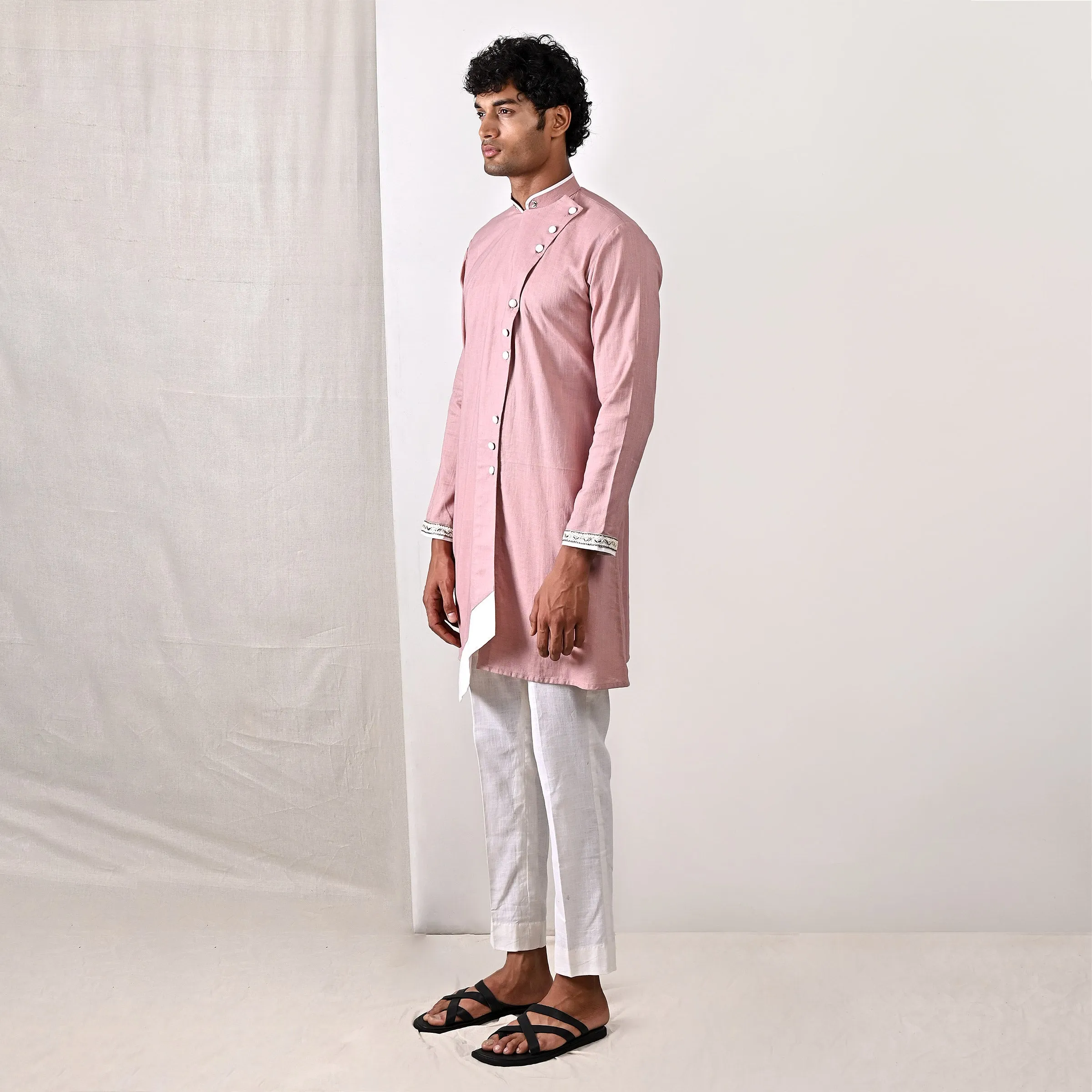 Colton- Mauve Hand Embroidery Asymmetric Kurta with Off-White Pant Set