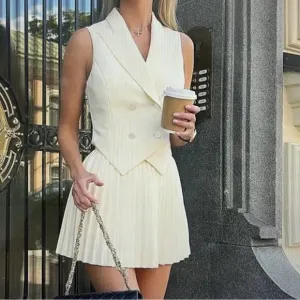 Commense suit waistcoat vest with Pleaded mini tennis skirt set