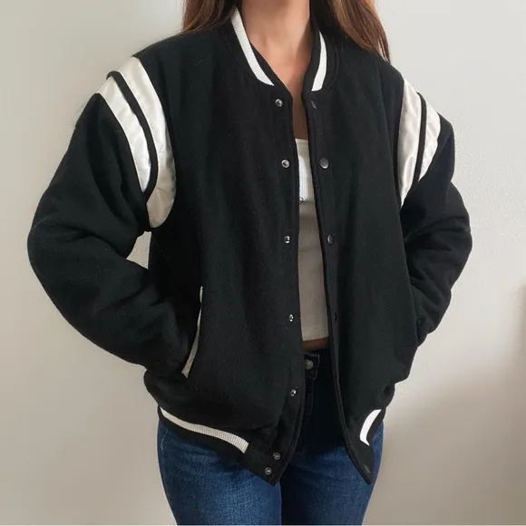 Cotton on black white varsity jacket oversized XS women’s unisex winter casual