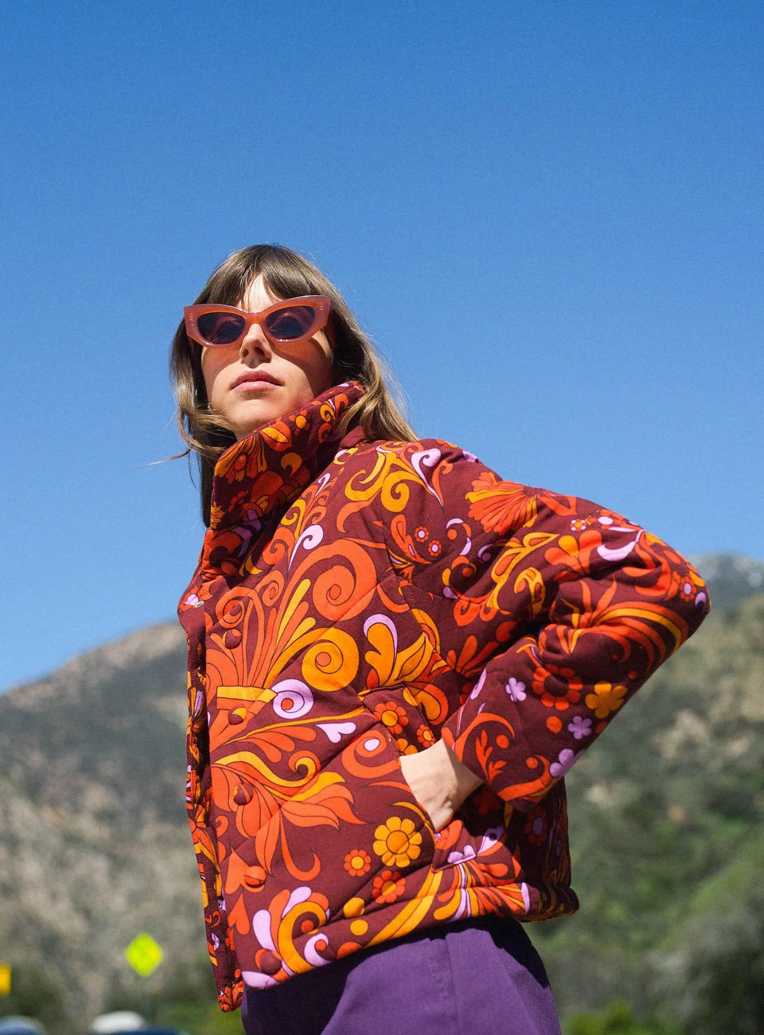 Cotton Quilted Jacket- Wine Psychedelic Floral
