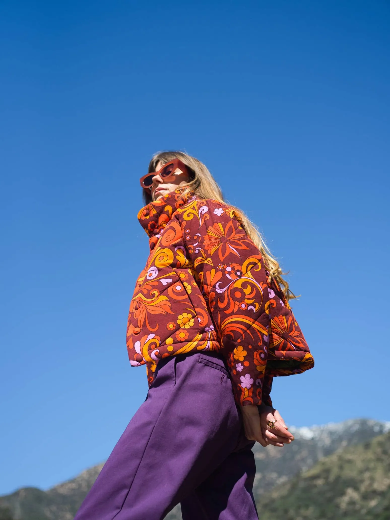Cotton Quilted Jacket- Wine Psychedelic Floral