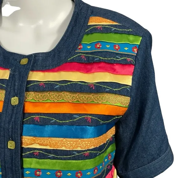 Country Wear Clothing Lonnee Star Denim Jacket &amp; Dress Ribbon Embroidered Sz M
