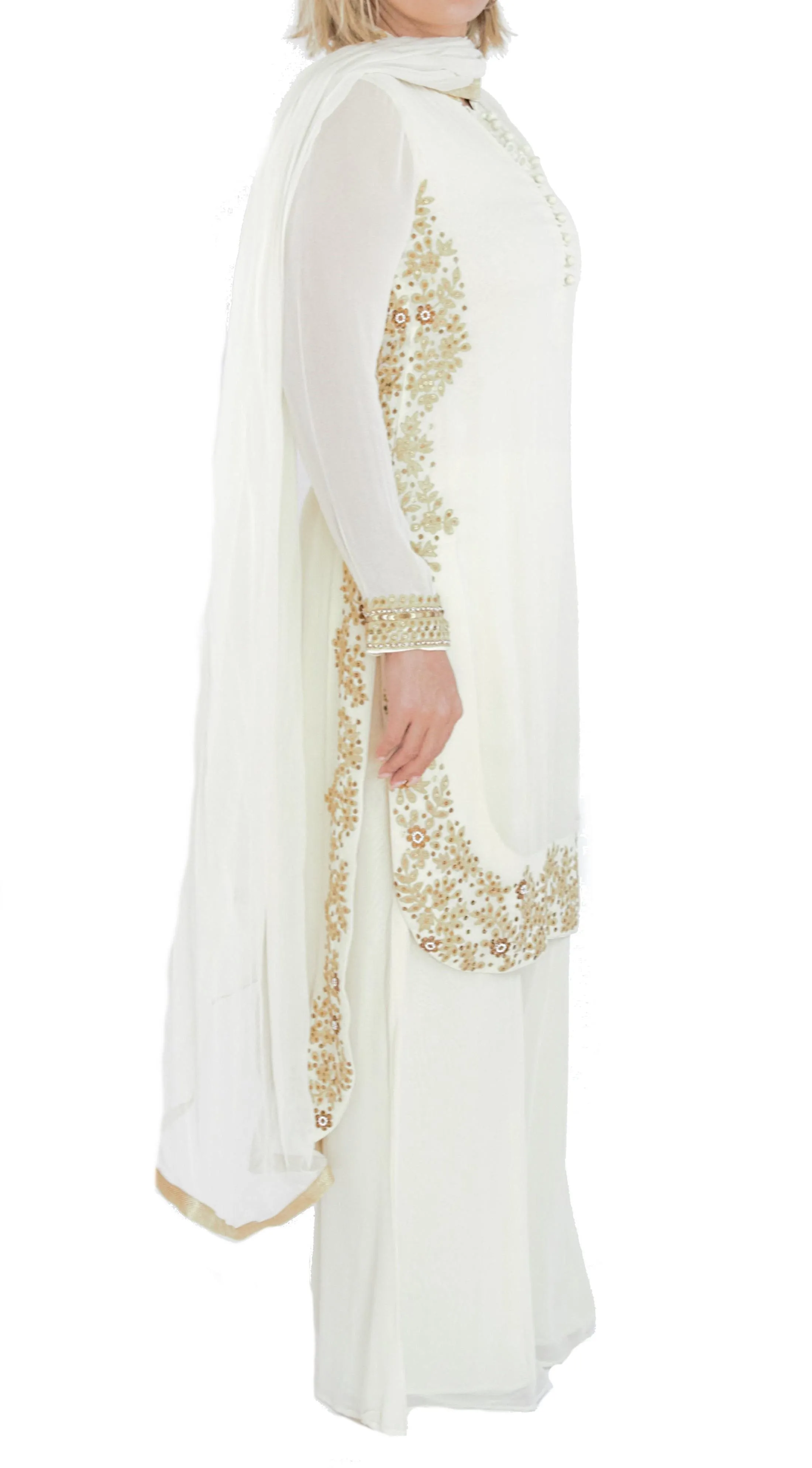 Cream Color Embroidered Suit With Palazzo And Dupatta