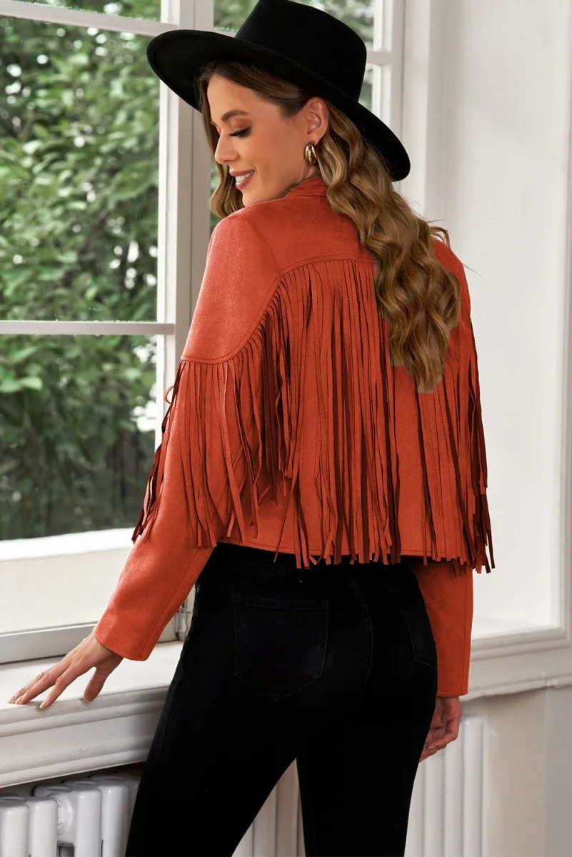 Cropped Blazer with Fringe Trim and Lapel Collar Detail
