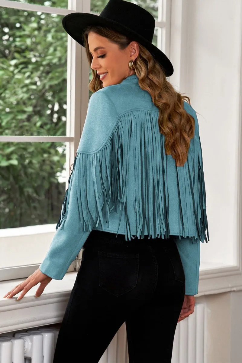 Cropped Blazer with Fringe Trim and Lapel Collar Detail