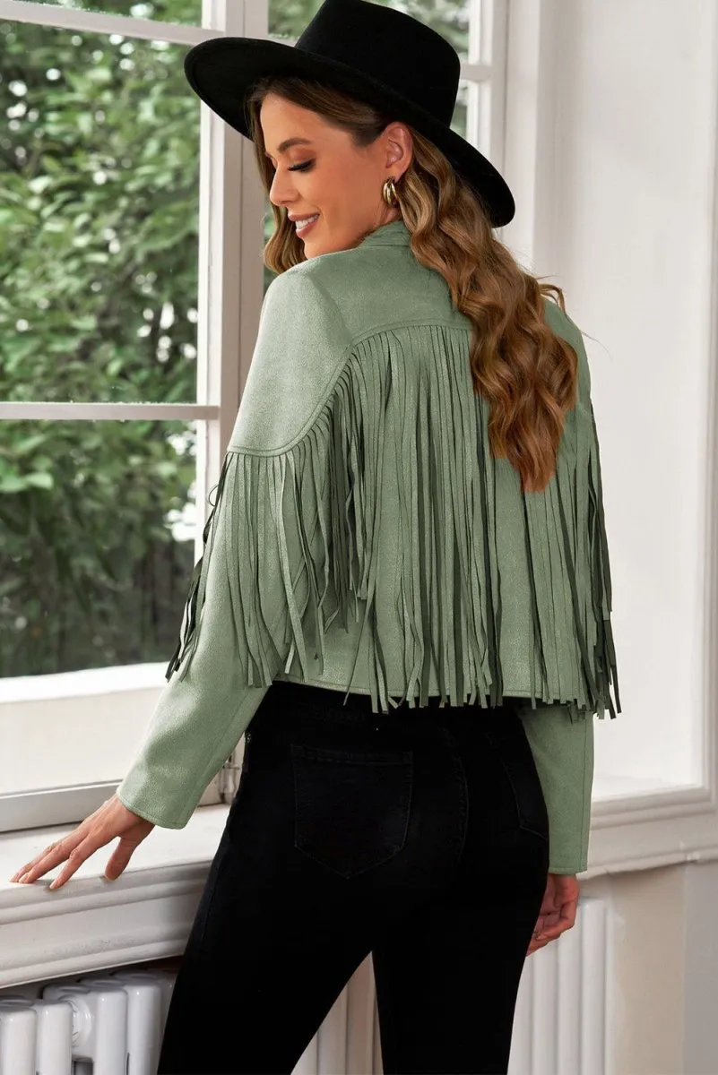 Cropped Blazer with Fringe Trim and Lapel Collar Detail