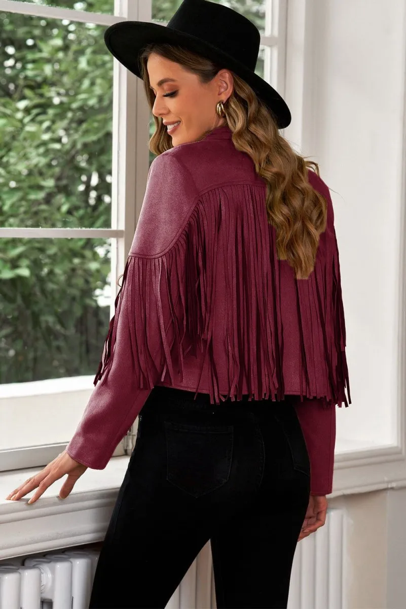 Cropped Blazer with Fringe Trim and Lapel Collar Detail