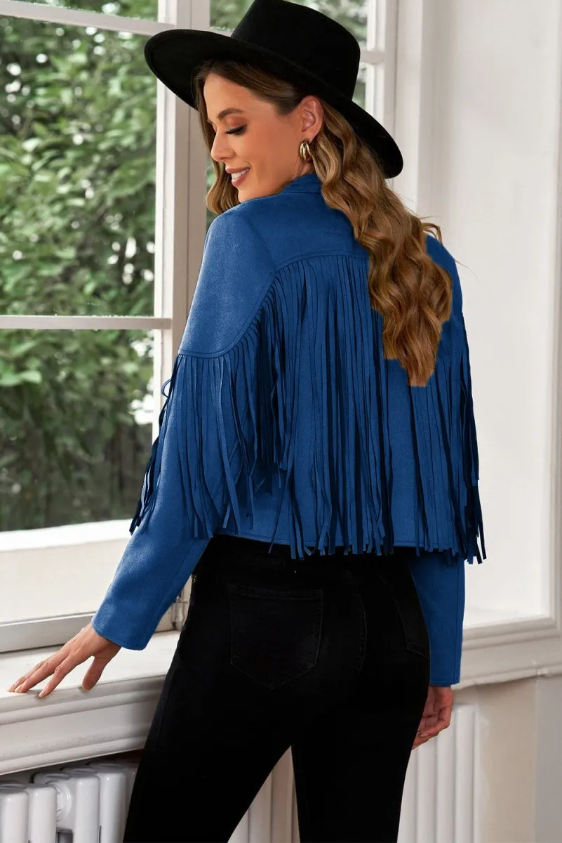 Cropped Blazer with Fringe Trim and Lapel Collar Detail