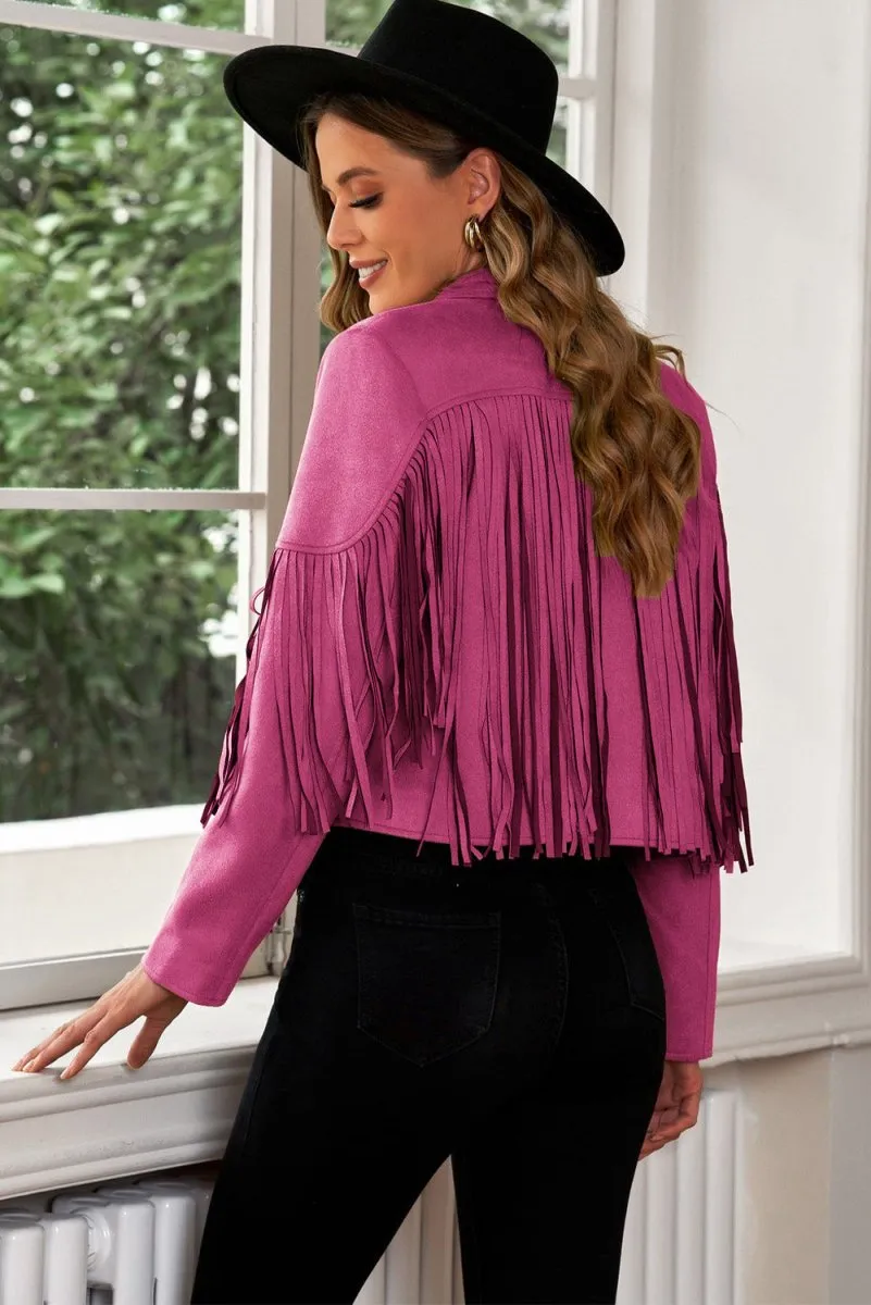 Cropped Blazer with Fringe Trim and Lapel Collar Detail