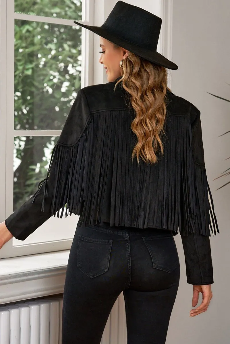 Cropped Blazer with Fringe Trim and Lapel Collar Detail