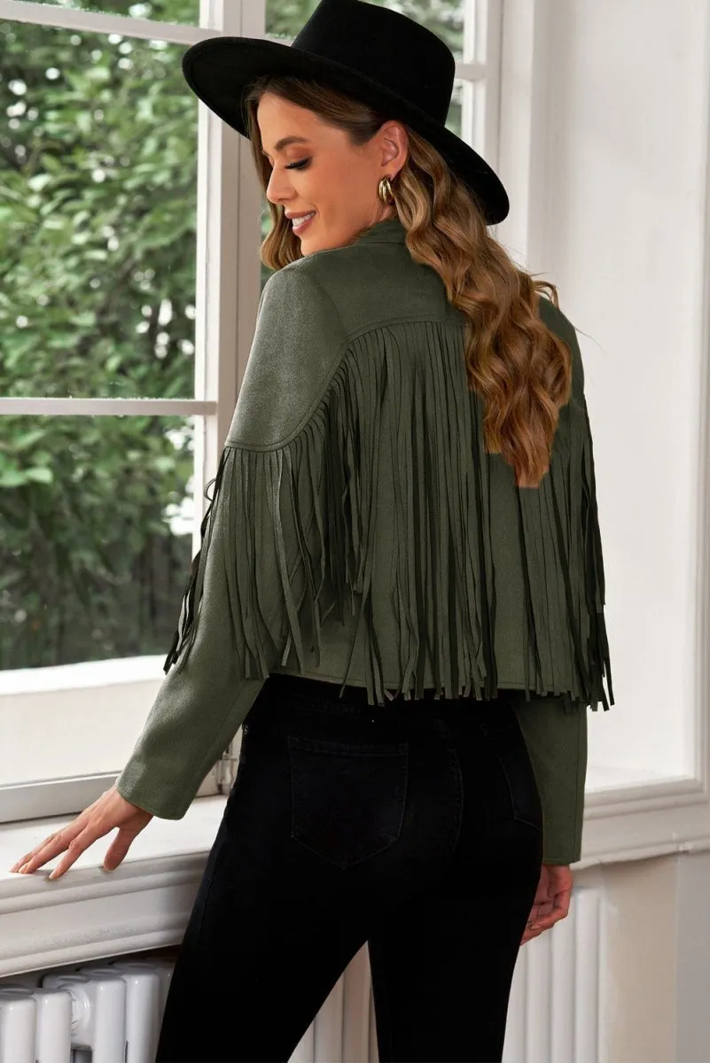 Cropped Blazer with Fringe Trim and Lapel Collar Detail