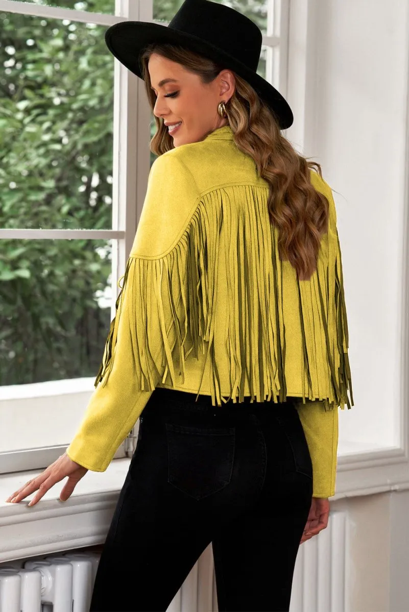 Cropped Blazer with Fringe Trim and Lapel Collar Detail
