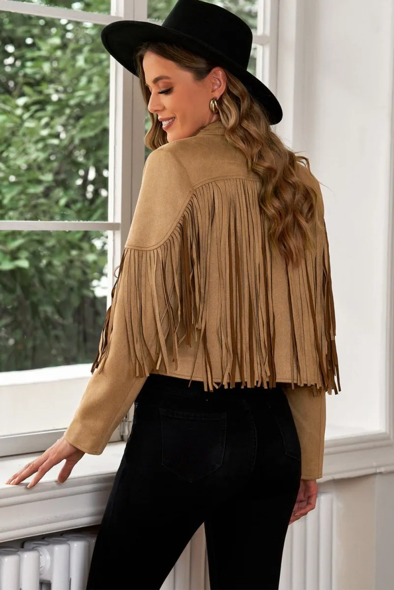 Cropped Blazer with Fringe Trim and Lapel Collar Detail