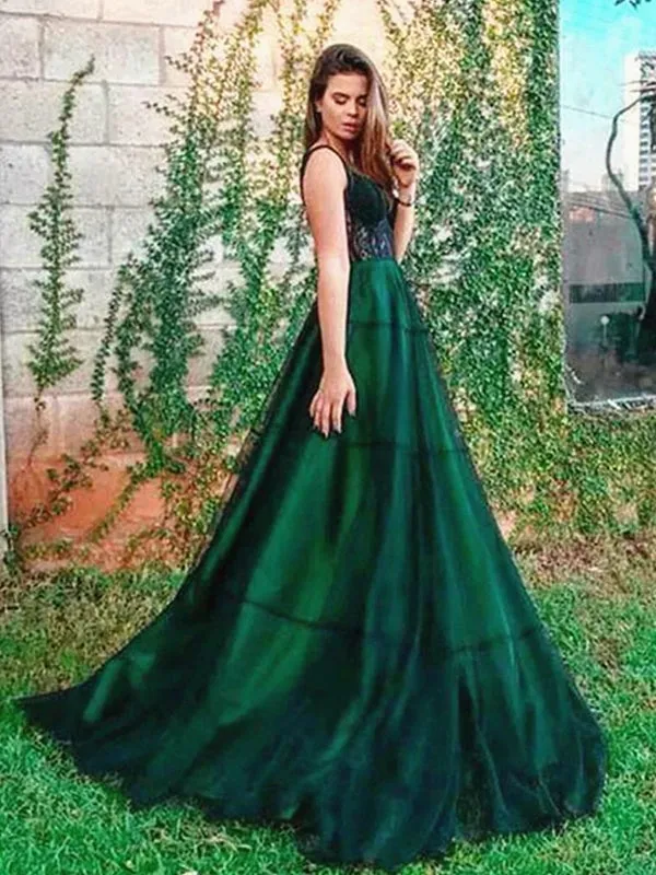 Dark Green Lace Tulle Long Prom Dresses, Dark Green Formal Graduation Evening Dresses with Lace Appliques