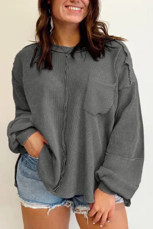 Dark Grey Plus Size Exposed Seam Crinkle Patchwork Top