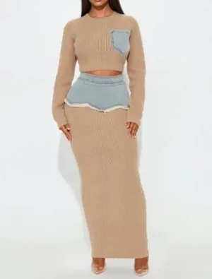 Denim patchwork sweater midi skirt suit