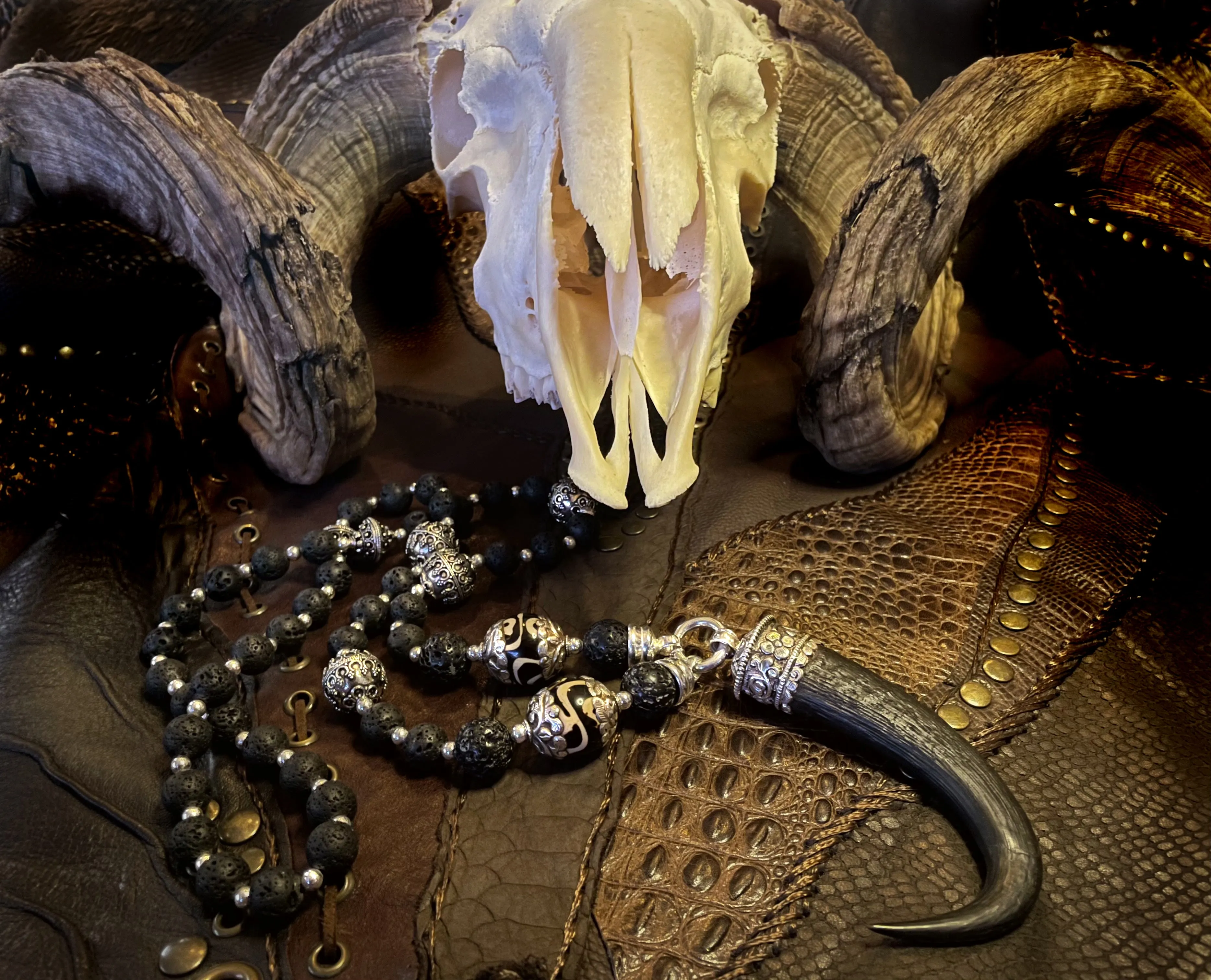 Devil's Horn Black Lava Mala Chain Necklace