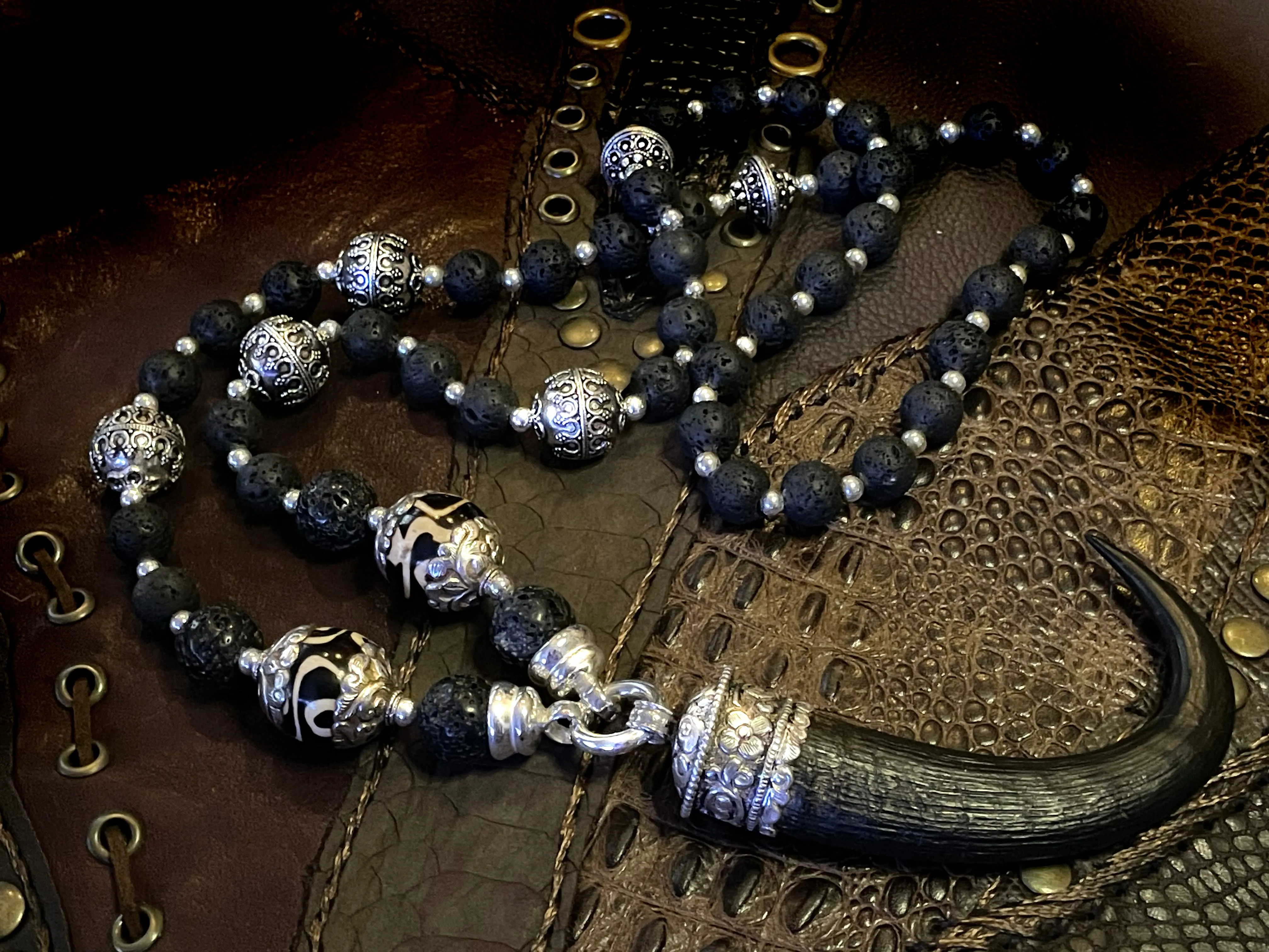 Devil's Horn Black Lava Mala Chain Necklace