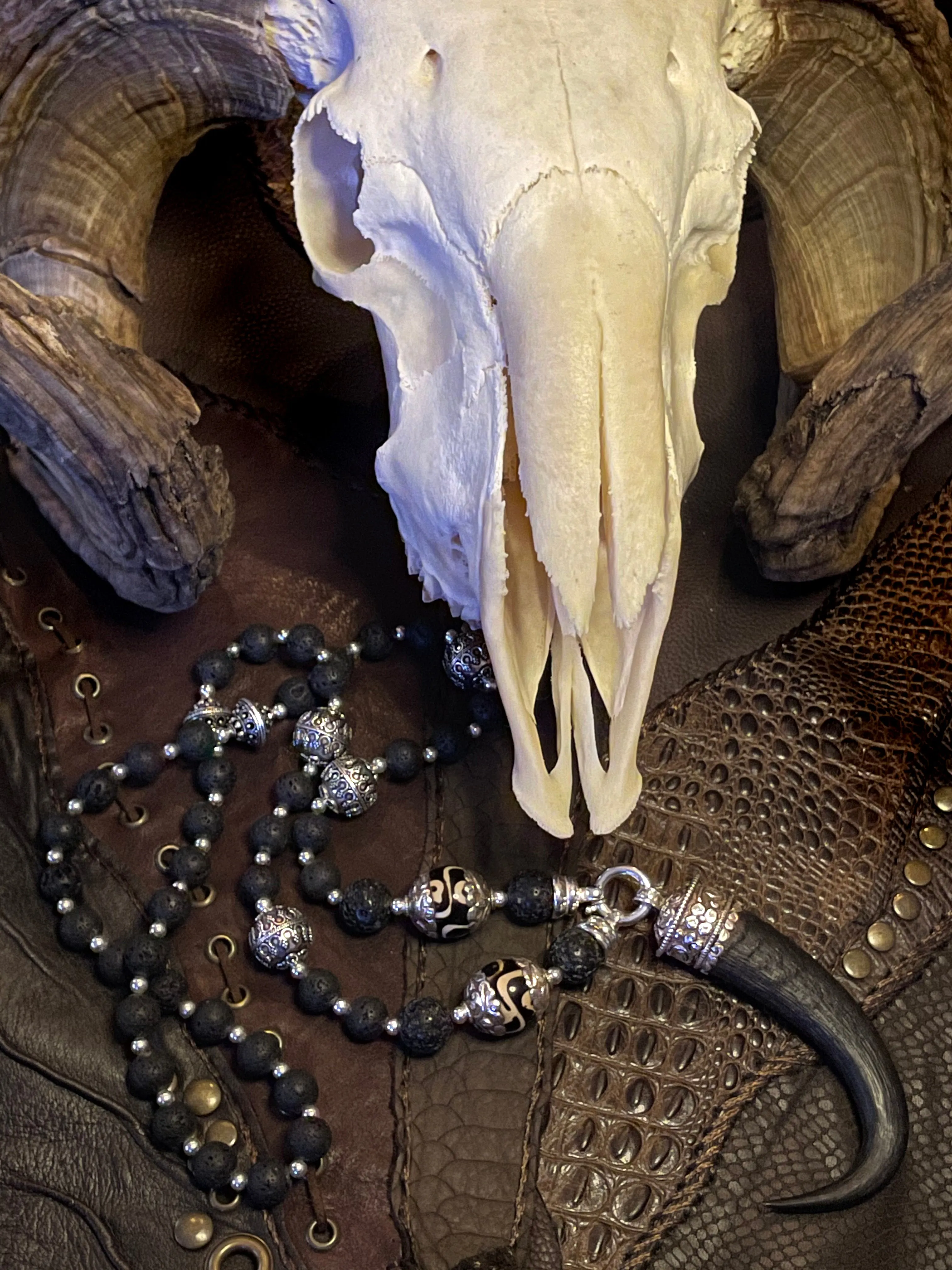 Devil's Horn Black Lava Mala Chain Necklace