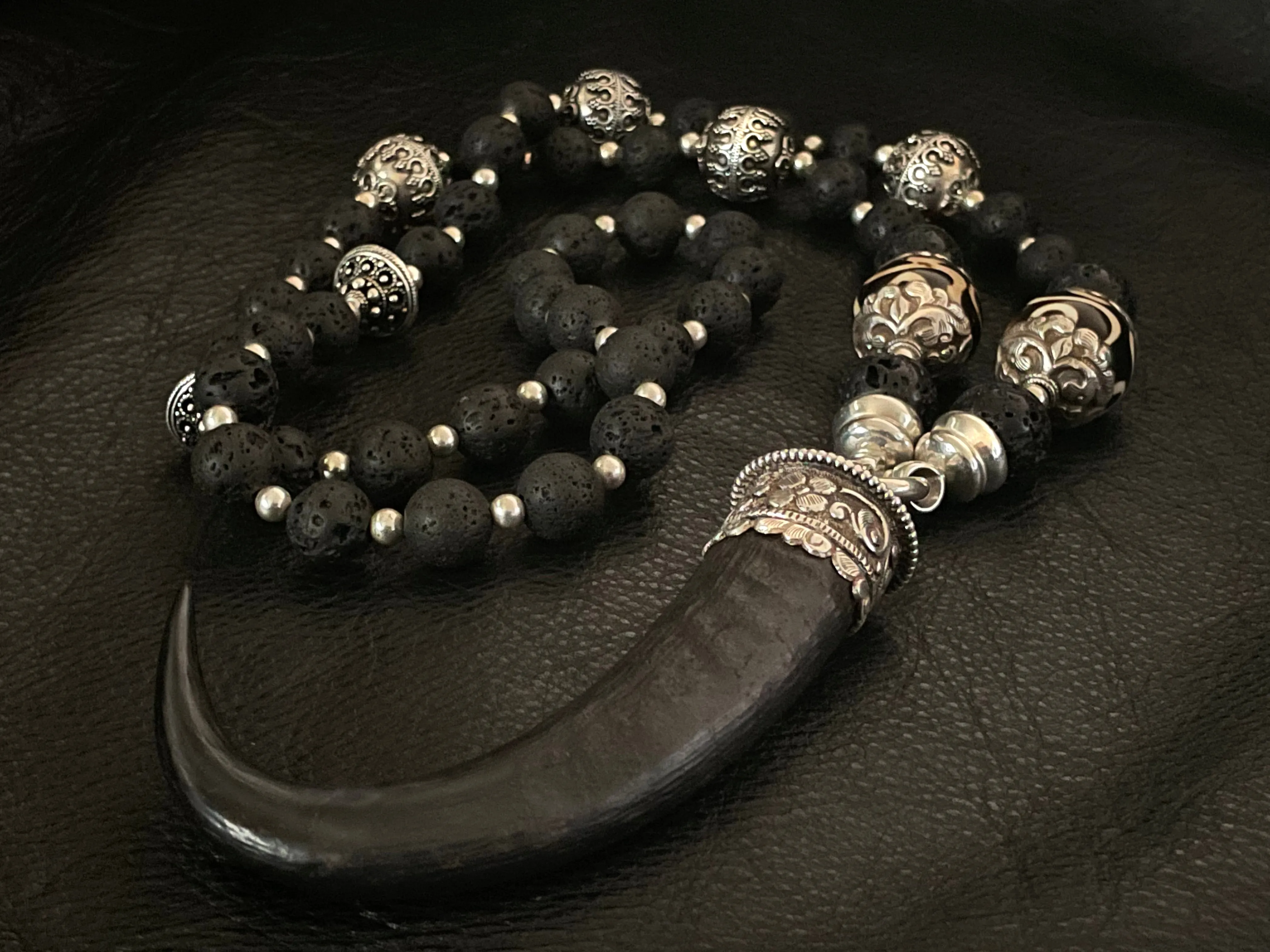 Devil's Horn Black Lava Mala Chain Necklace