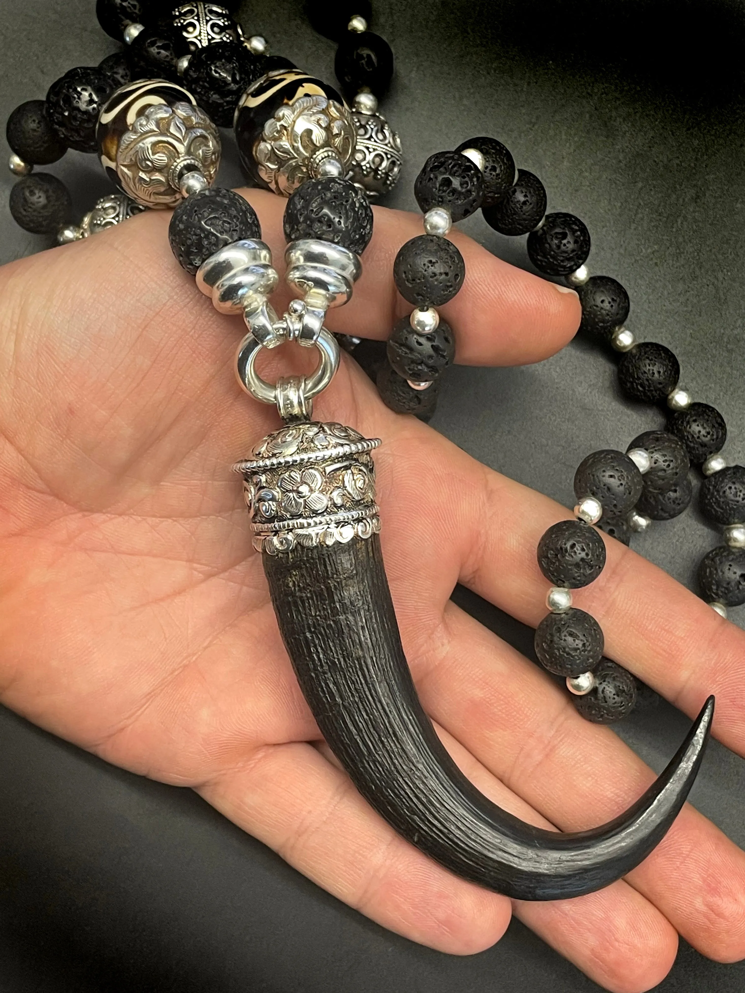 Devil's Horn Black Lava Mala Chain Necklace